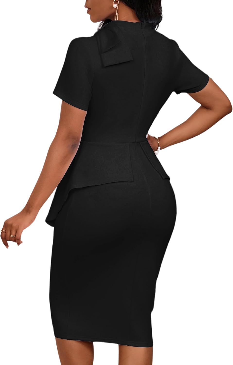 Women's Fashion Peplum Bodycon Short Sleeve Work Dresses Bow Club Ruffle Pencil Formal Cocktail Dress - Image 4