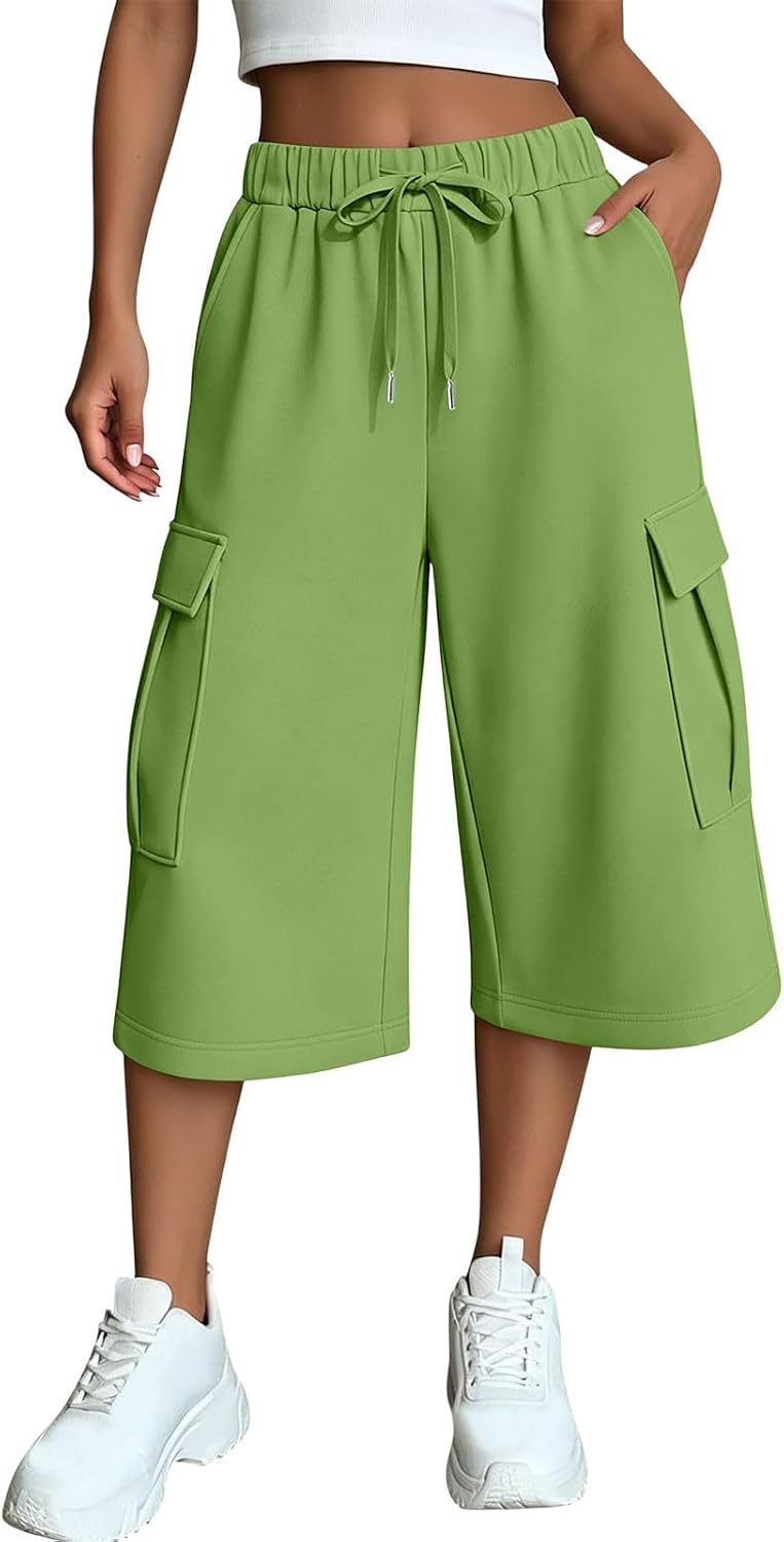 Womens Wide Leg Capri Pants Drawstring High Waisted Capris Split Hem Casual Loose Palazzo Cropped Trousers with Pocket
