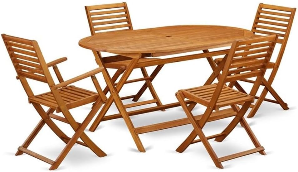 Pemberly Row 5-Piece Acacia Wood Patio Dining Set, Natural Oil Finish, Includes 1 Table and 4 Foldable Chairs, Water-Resistant, Sustainable Outdoor Furniture for Backyard or Patio Meals