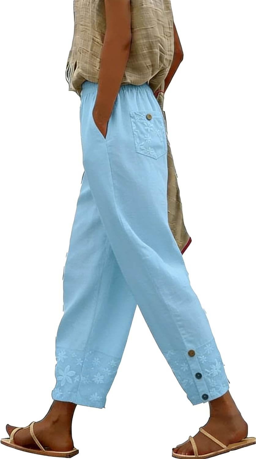 LOVESHOOT Women Linen Pants Summer 2026 High Waist Comfy Gauze Slacks Lightweight Casual Loose Trousers with Pockets