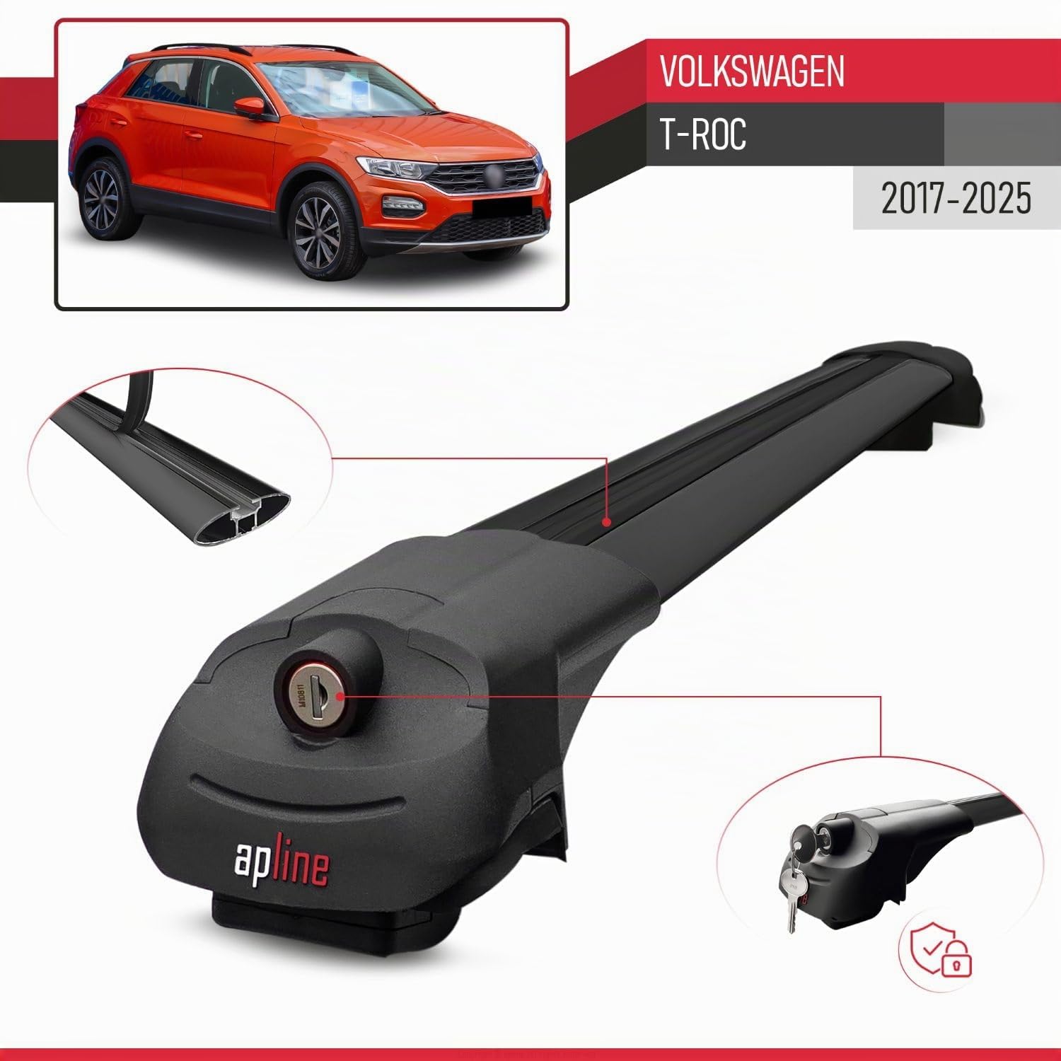 Compatible con Volkswagen T-Roc 2017-2025 Modelo Ace-1 Barra de Techo Auto Portaequipajes Barras Transversales Negro Aluminio 2 Barras