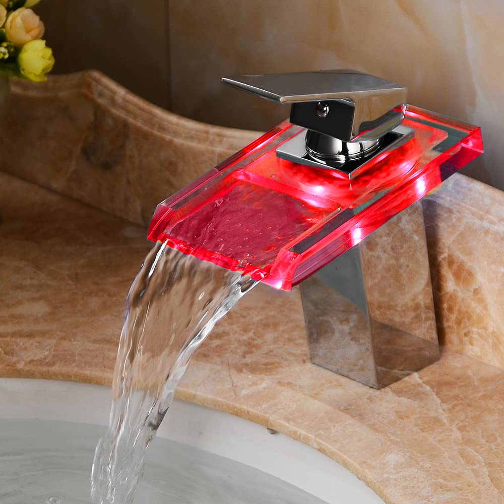 MINRS Robinet cascade LED, robinet de salle de bain, mitigeur chromé et brillant, éclairage à 3 couleurs changeantes