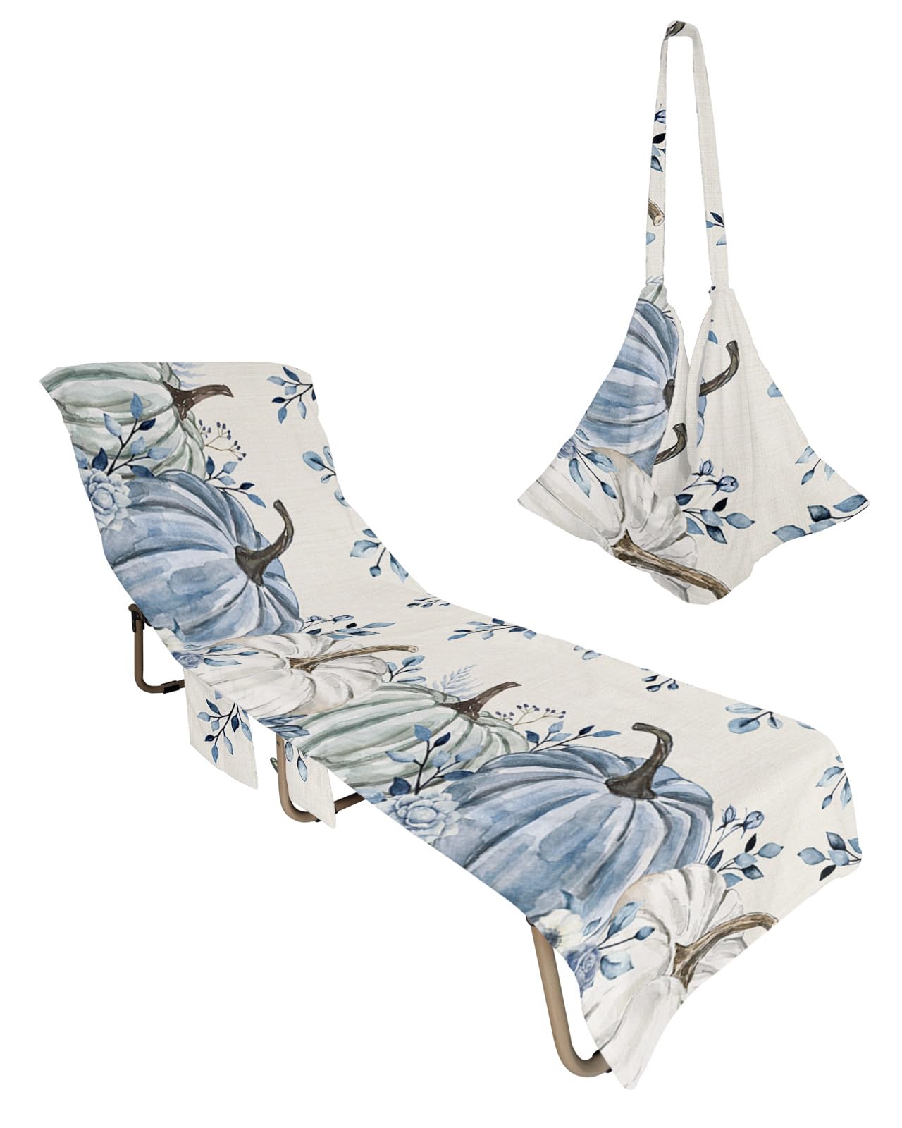 Thanksgiving Fall Beach Chair Towel Covers for Chaise Lounge with Side Pocket, Soft Plush Pool Towels Cover for Patio Sunbathing Outdoor 29''x85'' Blue White Pumpkin Eucalyptus Beige