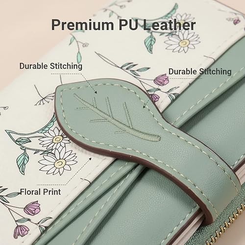 Miniatura 5 de Cartera compacta RFID plegable de piel sintética para mujer, mini monedero con bolsillo para monedas, diseño floral para damas y niñas, Verde