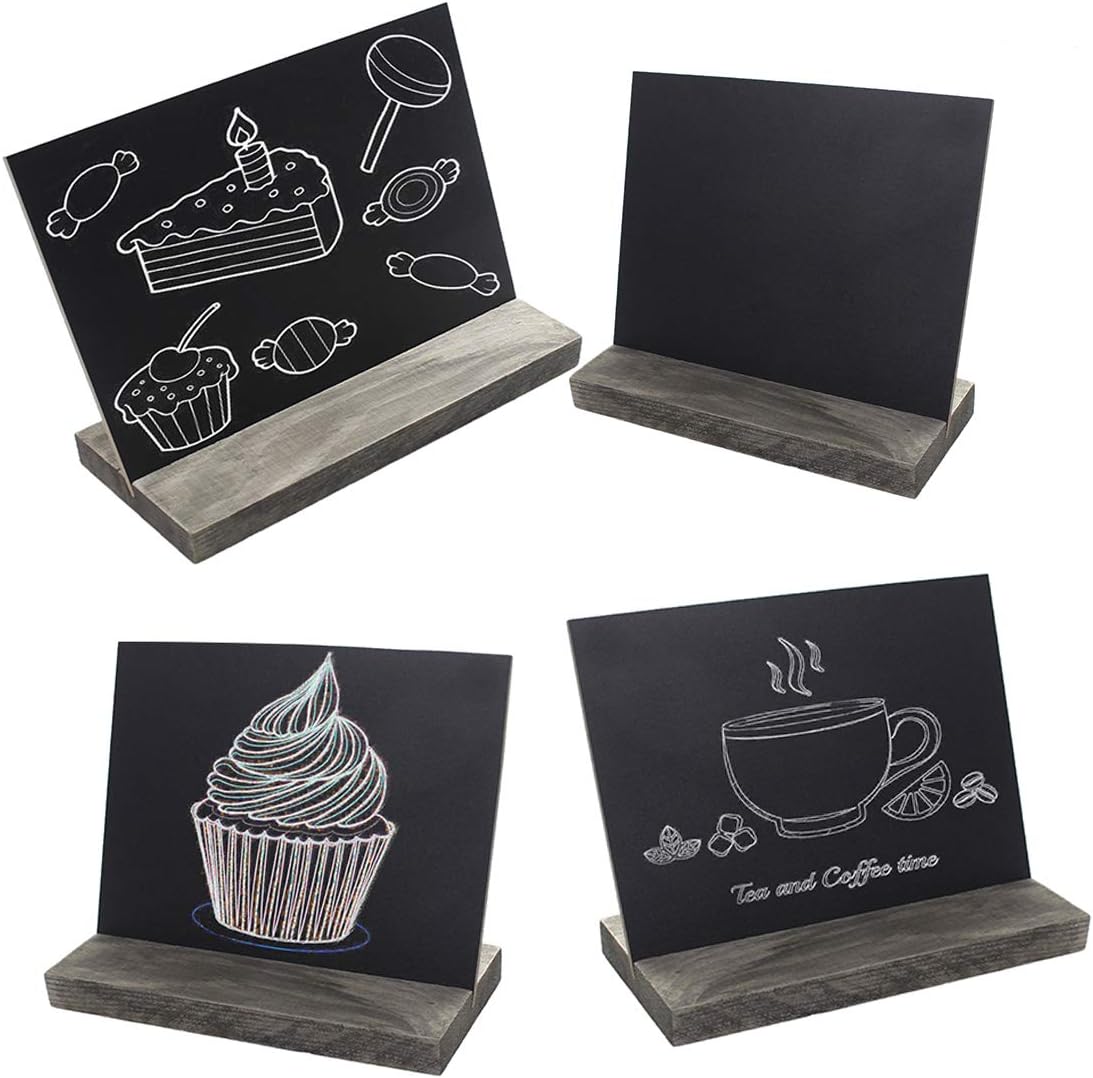 5 X 6 Inch Mini Tabletop Chalkboard Signs with Rustic Style Wood Base Stands, Set of 4๏ผInclude 3 chalks