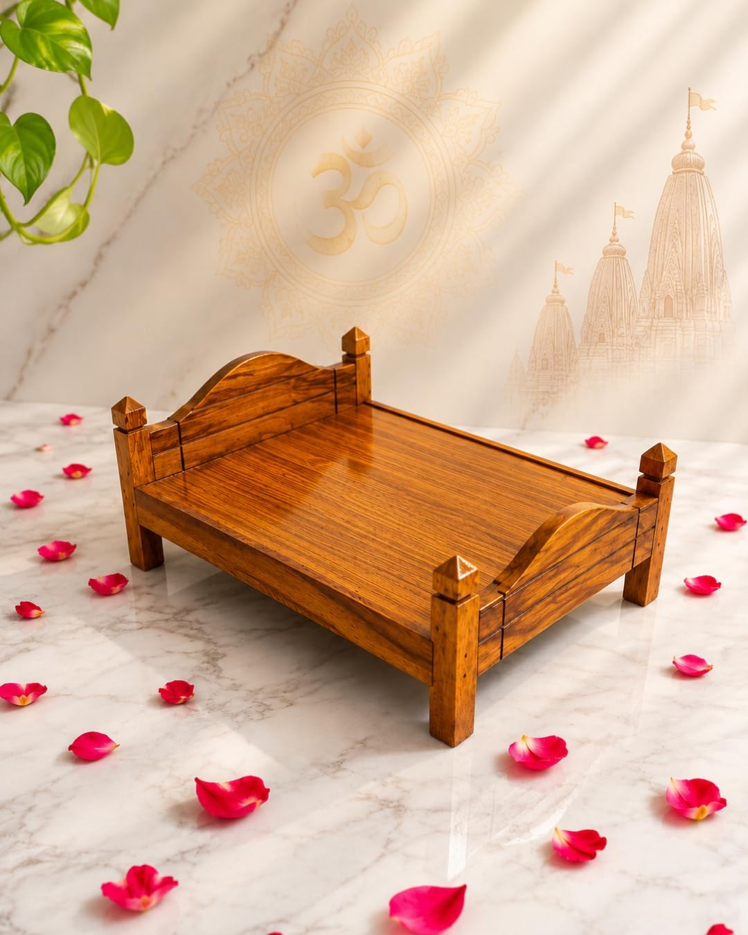 Premium sagwan Wood Bed for Laddu Gopal (Size 0 to 6) - Handcrafted Wooden Palang for Kanha Ji, Thakur Ji, Bal Gopal - Puja Mandir Furniture (8"*6")-image-6