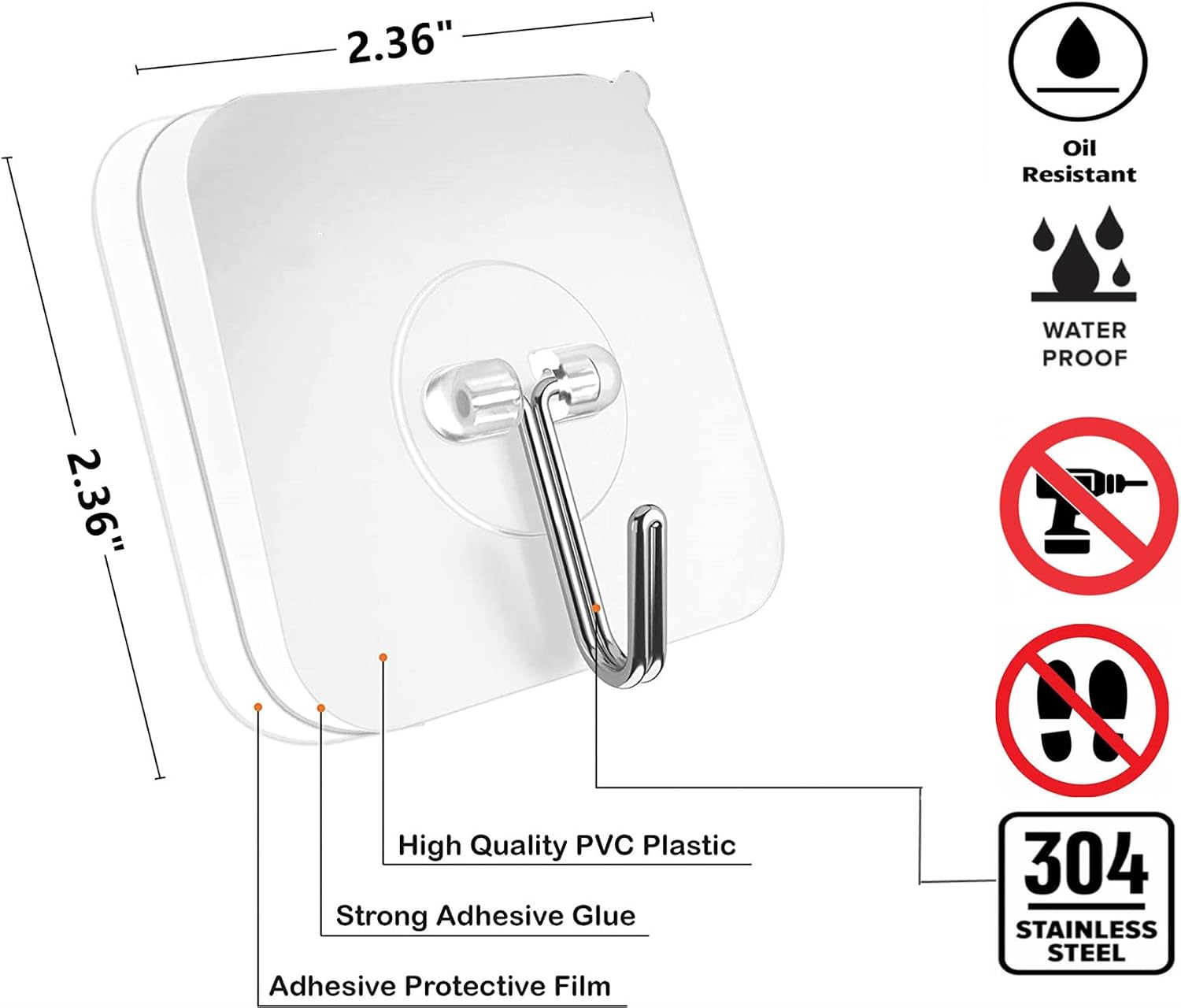 Adhesive Hooks for Hanging Heavy Duty Wall Hooks 22 lbs Self Adhesive Towel Hook Transparent Hooks for Keys Bathroom Shower Outdoor Kitchen Door Home Improvement Sticky Hook