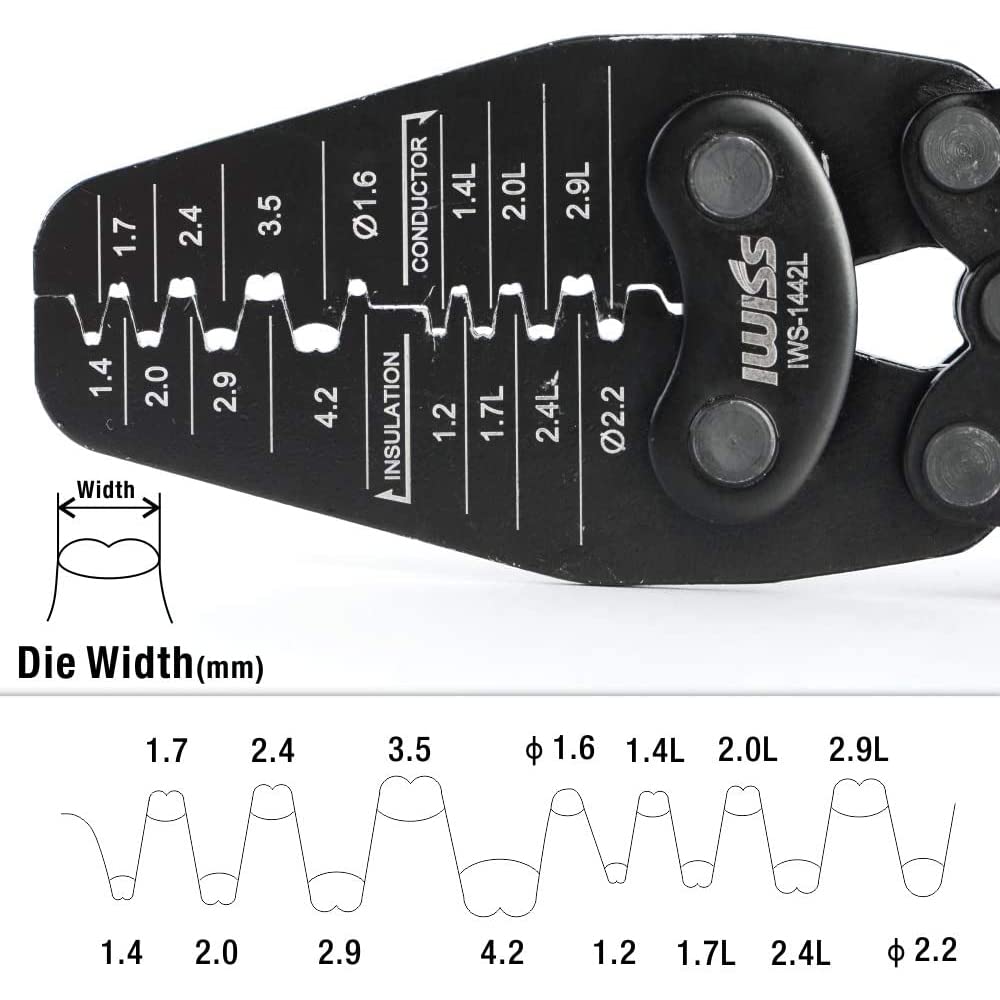 IWS-1442L - Alicates para crimpar AWG30-14 de barril abierto y conectores de Molex, TE AMP, JST, JAE, HRS