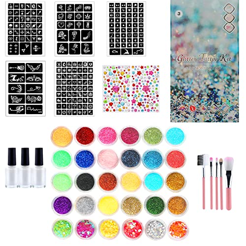Kit Tatouage Paillettes - avec 30 Couleurs, Tatouages Paillettes Enfant mit 182 Pochoirs 215 Strass, Non Toxique Tatouage Éphémère Set Tatouage, Temporaire pour Cadeau Fille Garçon Adulte Fête Cover
