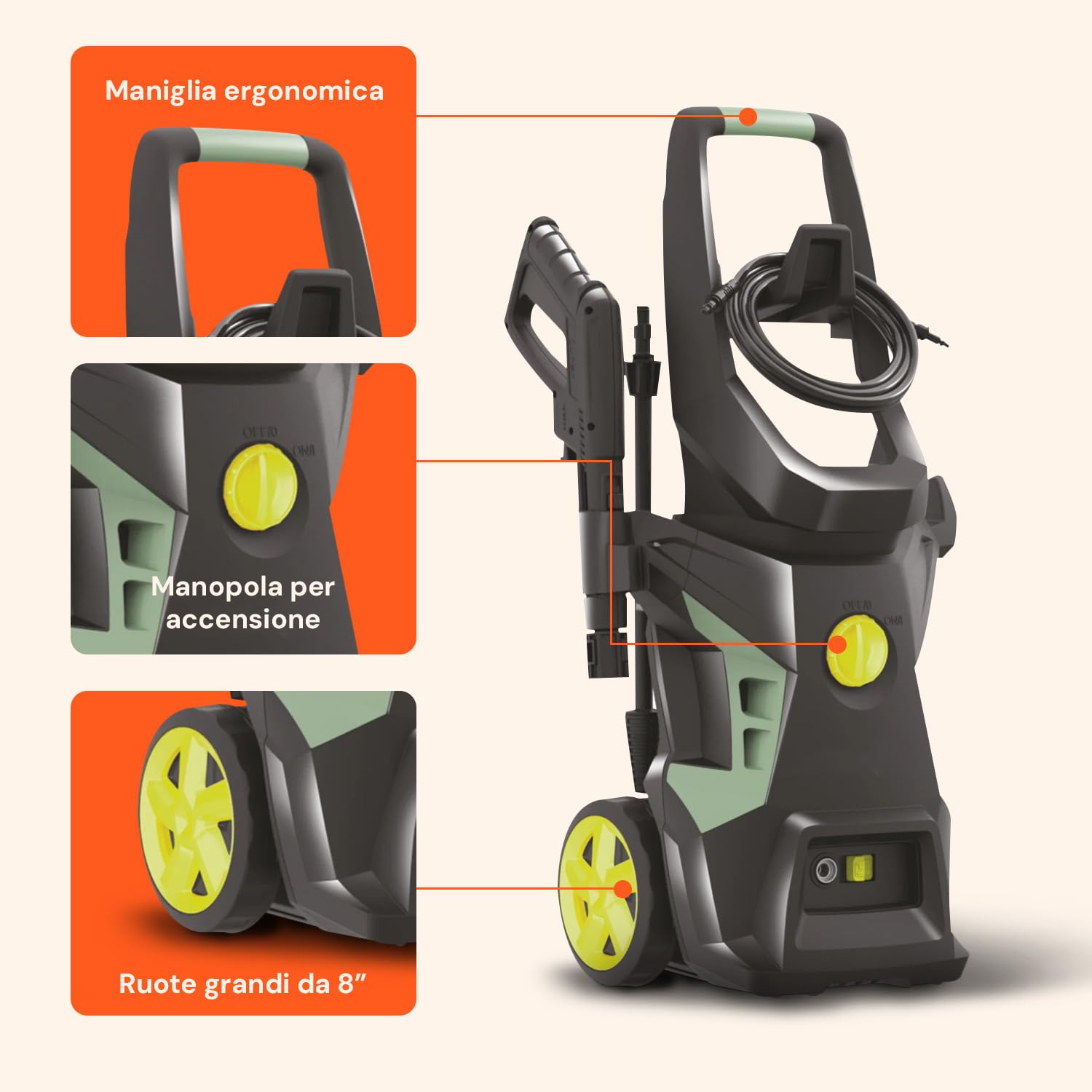 Avilia Idropulitrice 2000W Turbo Boost - Idropulitrice 180 Bar, 7.5 L/min – Con Lancia, Tubo 6m, Sistema Total Stop - con Serbatoio Acqua Per Auto, Moto e Bici