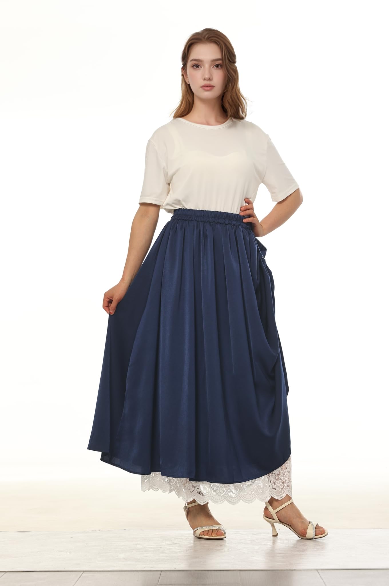 CAMDOM Jupe Renaissance médiévale à Taille élastique pour Femme - Jupe trapèze Double Couche en Dentelle - Longue Robe Victorienne