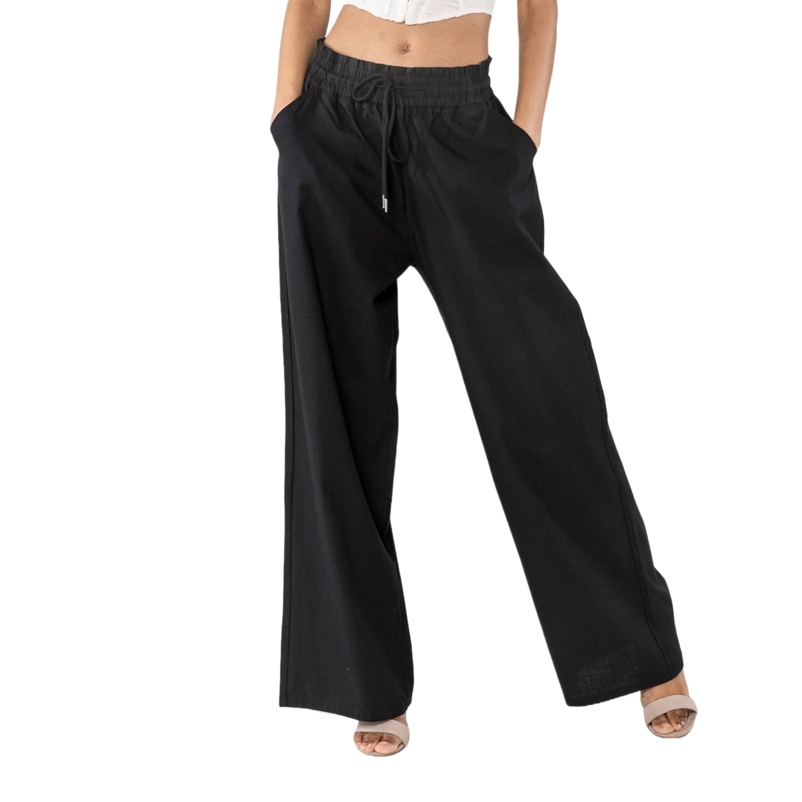 Nina Carter A001 Pantalon d'été léger et large pour femme en mélange de coton stretch, taille élastique, aéré et respirant, coupe ample, aspect lin