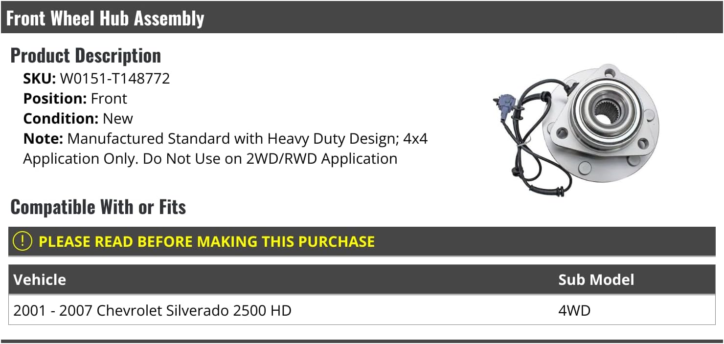 Front Wheel Bearing Hub Assembly - Compatible with 2001-2007 Chevy Silverado 2500 HD 4WD