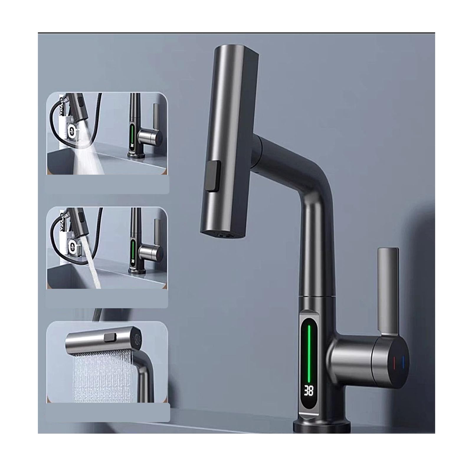 Digital Display Pull-Out Sink Faucet with Pull Down Sprayer for Modern Kitchen Convenience