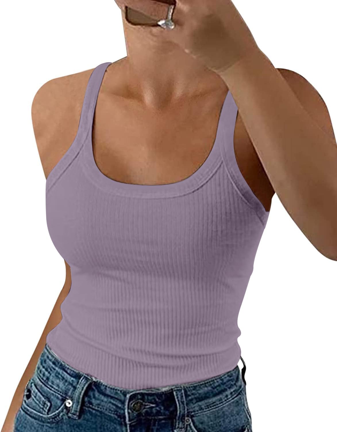 DUOEASE Top Damen Basic U-Ausschnitt Gerippt Spaghettiträger Top Slim Fit Tank Top Sommer Lila-XL
