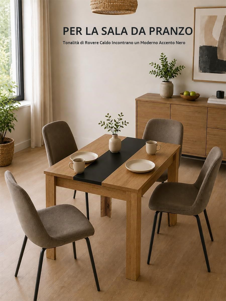 Tavolo da Pranzo Rovere Rettangolare Tavolo Cucina 110×70×75cm | Fascia centrale nera e gambe a forma di L con bordo spesso per uno stile industriale e una struttura stabile ogni giorno