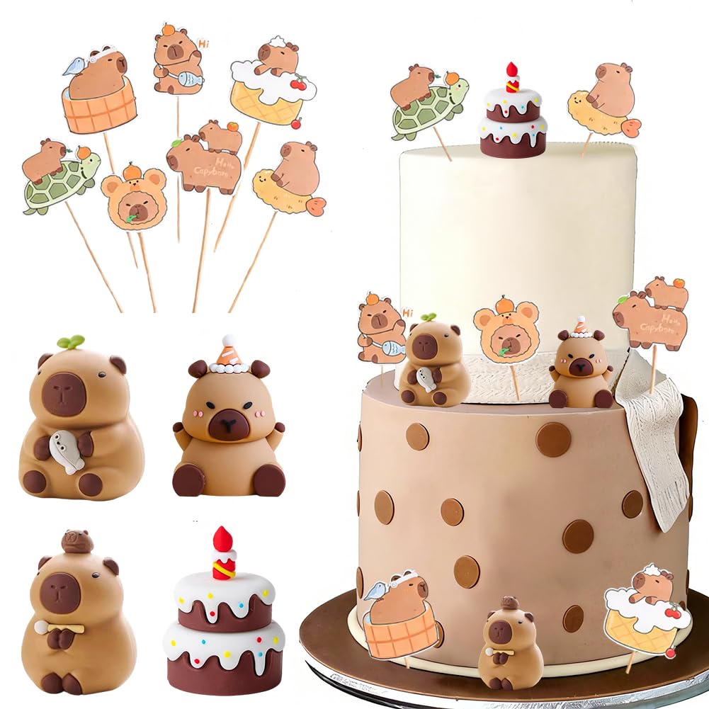 Capybara Cake Decoration Set, Capybara Birthday Cake Toppers, Animals Cupcake Decoration Supplies - Suitable for Themed Birthday Parties and Weddings (B)