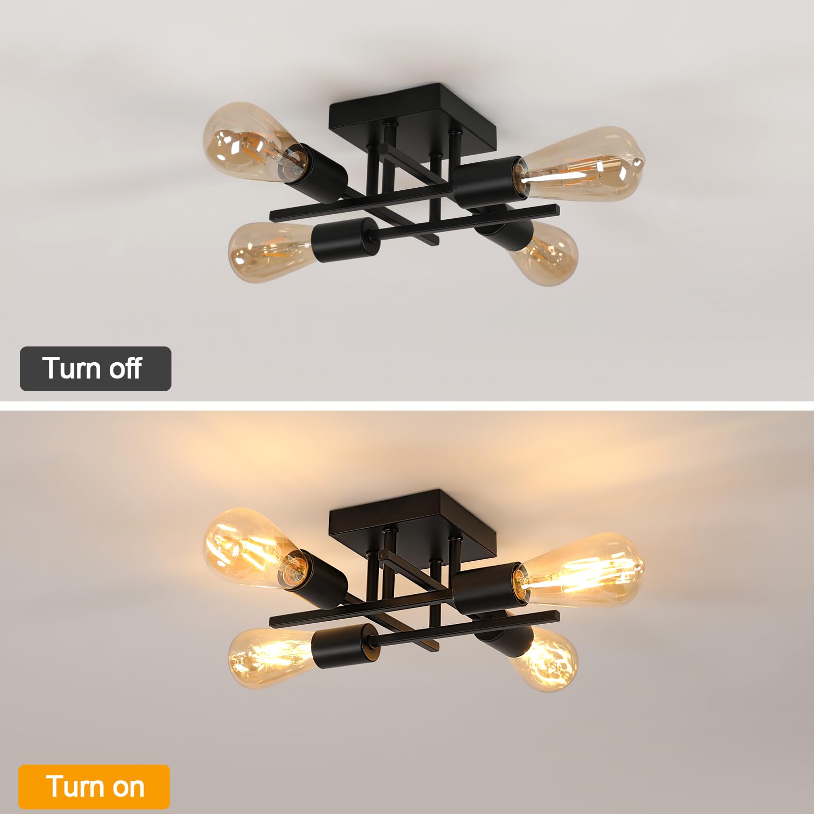 Pheashine Industrial Vintage Ceiling Light, 4-Light Semi Flush Mount Ceiling Lamp with E27 Sockets - Image 4