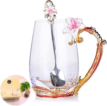 Tea Cup, Mothers Day Gifts, Coffee Mug Cups, Lily Flower Glass Tea Cup, Unique Personalized Birthday Present Ideas for Women Grandma Mom Teachers Hot Beverages 13OZ Pink