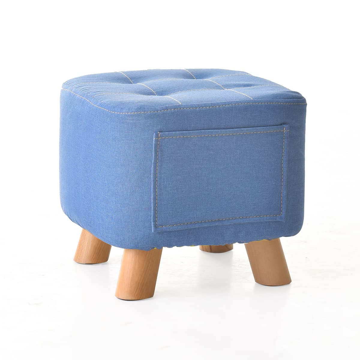 Pouf triangulaire bleu repose-pieds rembourré bois lin tabouret de maquillage