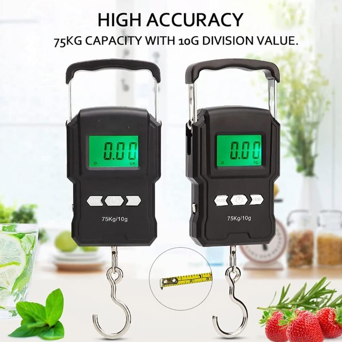 Bilancia elettronica portatile da 75 kg con display a LED Bilancia digitale da gru con metro a nastro da 1 m Scala di aggancio for bagagli Verdura e frutta Bilance