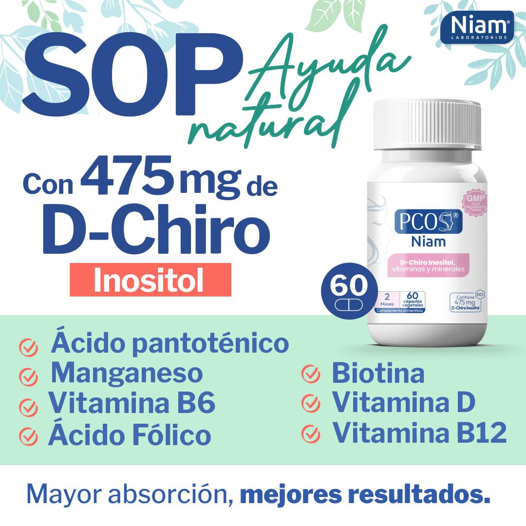 [60 cáps] PCOS NIAM | Para 2 meses | D-Chiro Inositol SOP | Con Ácido Fólico, Biotina, Vitamina B12, B6 y D3 | Suplemento Ovarios Poliquísticos | Regulación Hormonal | Ácido fólico, biotina y vitaminas B6, B12 y D3 | Suplemento Ovarios Poliquísticos | 60