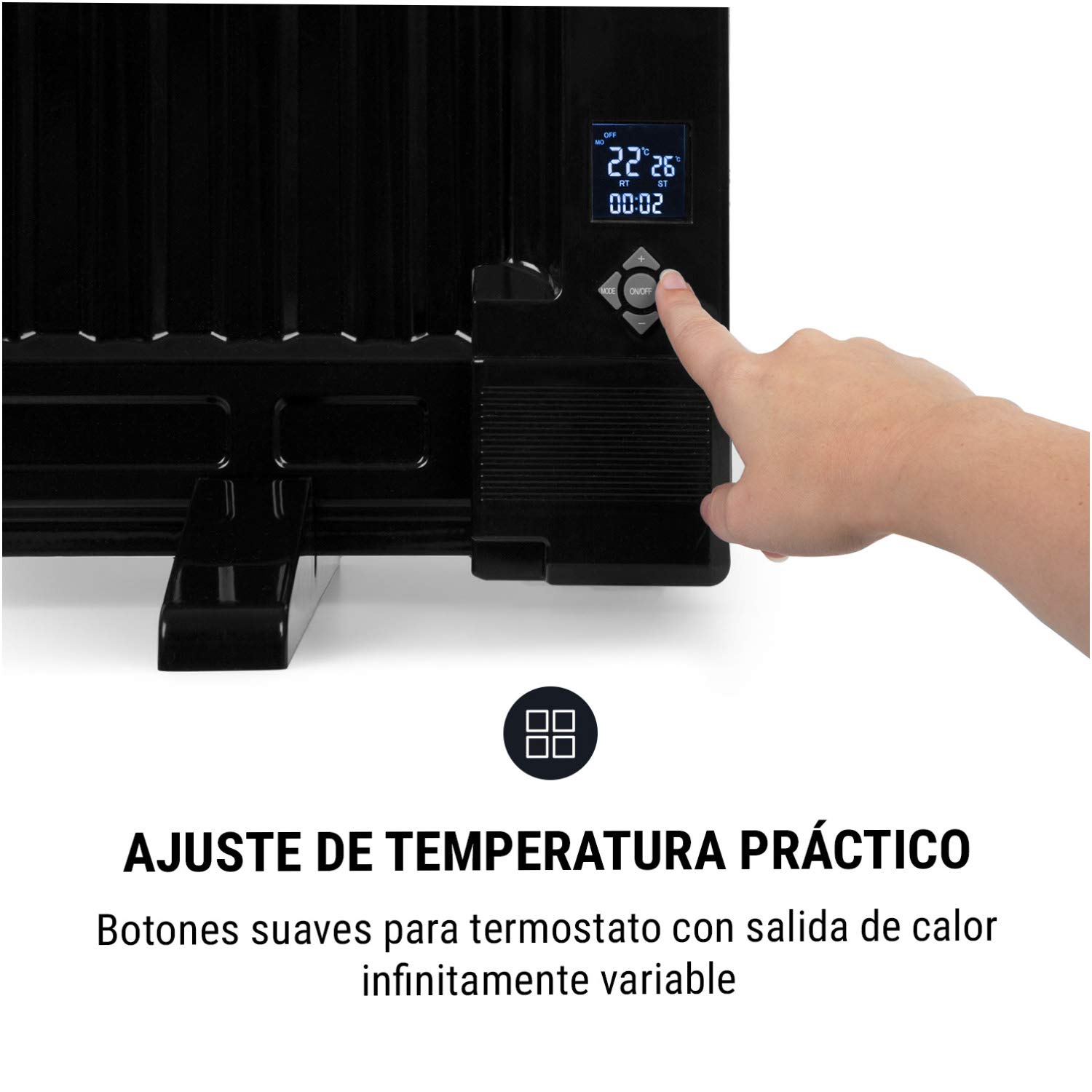 Oneconcept Wallander - Radiador aceite, Termostato regulable, Pantalla LED, Estufas aceite bajo consumo, Programable, Protección sobrecalentamiento, Móvil/Pared, 2 patas, 800 W, Blanco humo