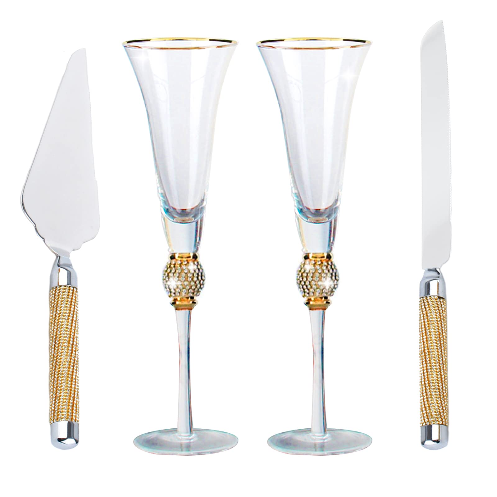 Merkaunis Wedding Toasting Flutes and Cake Server Set of 4,Wedding Champagne Flutes, Gold Weddings Cake Knife and Servering Set, Weddings Reception Supplies Champagne Glasses Cake Knife Pie(Gold)