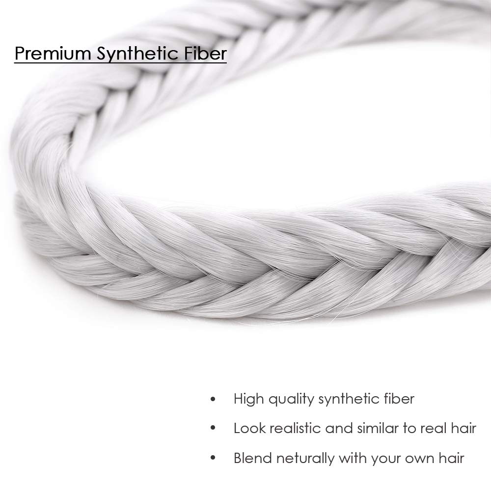 Hairro Braids Women Headband Fishtail Hair Braids Hairband Fluffy Fish Tail Braid Hairband Stretch Plaited Hairband Natural Classic Braid Headband Synthetic Fishtails Braid Headband 45g #silver gray