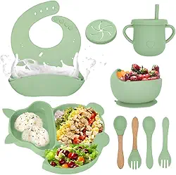 Conjunto de Pratos de Silicone para Bebê 8 Peças, Kit Alimentação Infantil com Ventosa, Divisórias e Babador Cata-Migalhas, Prato Esquilo, Tigela, Talheres e Copo - Seguro (verde-claro)