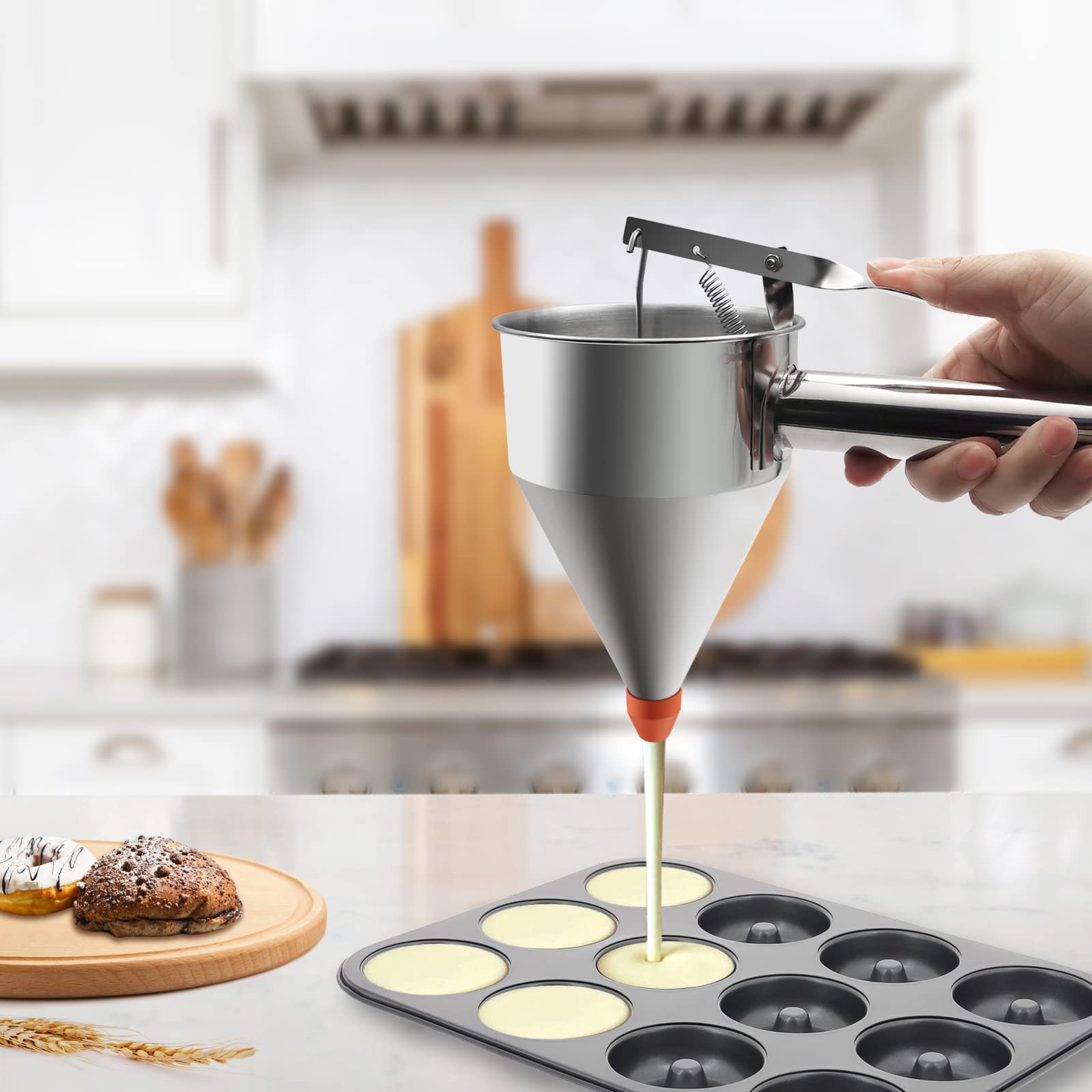 Dispensador de masa para panqueques de 40 onzas, dispensador de pastel de embudo de acero inoxidable con soporte, herramienta de horneado resistente para cupcakes, gofres, pasteles, calibre: 7