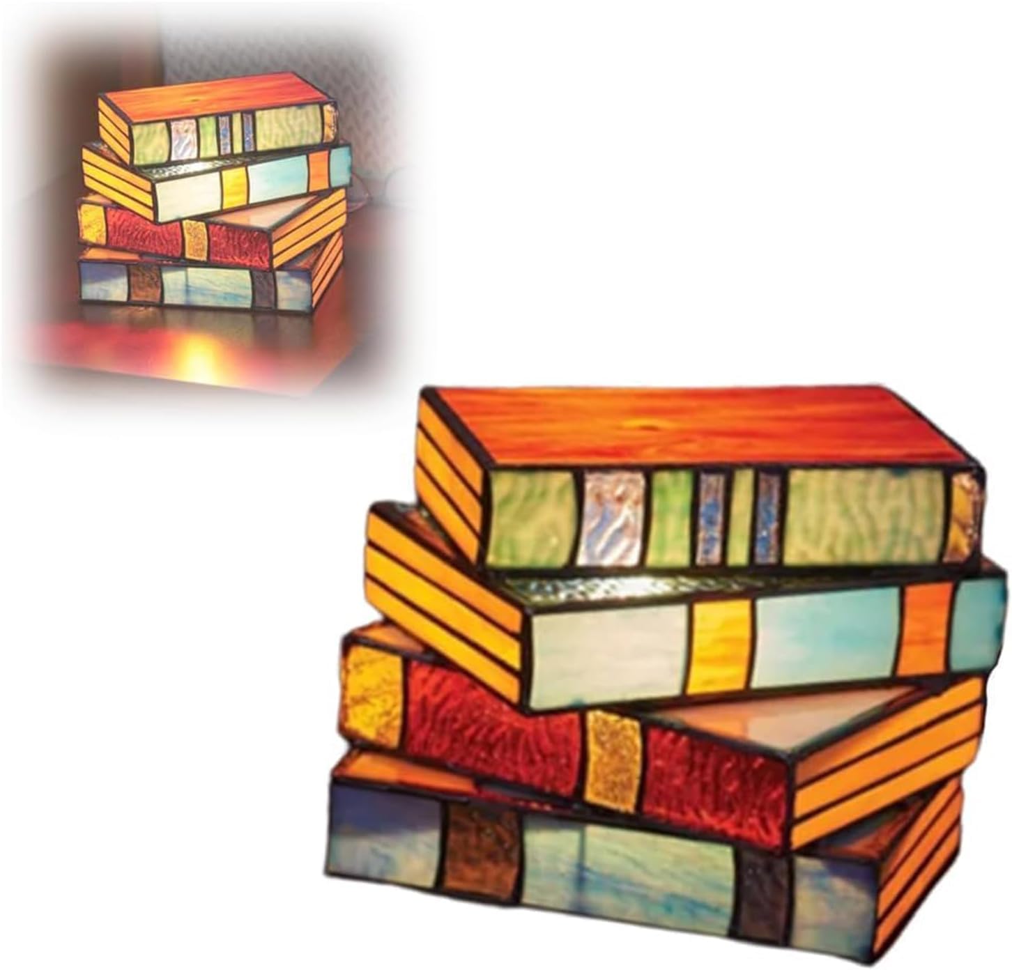 GokameStained Glass Stacked Books Lamp,Stacked Books Glass Lamp,Style Lamp,Handcrafted Glass Lamp,Reading Nook Lighting Vintage Table Lamp, Suitable for Bedroom Living Room Office Decorate