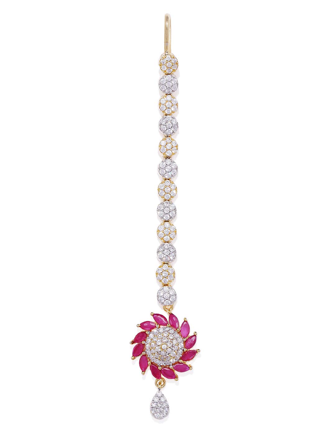 accessher Traditional Dual Tone Plated Delicate Light Weighted American Diamond and Pink Stones Studded Floral Style Maang Tika for Women and Girls Pack of 1-picture-37
