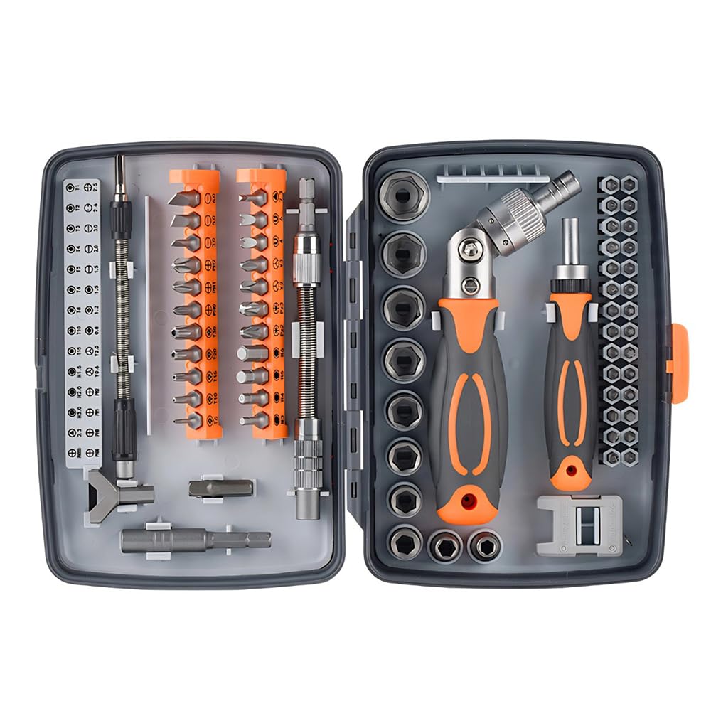 Precision Ratcheting Screwdriver Set, 68 in 1 Socket Set & Magnetic Screwdriver Bit Set with Rotatable Ratchet Handles and Extensions Bar for Phone/Computer/Bike/Car/Electronics Maintenance (Orange)