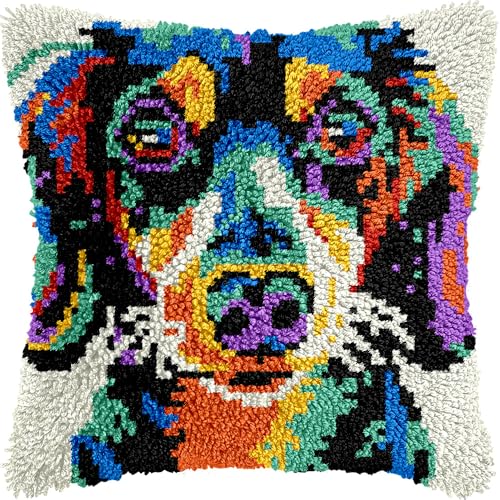 Image of LUBOT Colorful Dog Latch Hook Kits for Adults Rug Pillow Cover with Printed Canvas Pattern Crochet Kit for Beginners 17 inch X 17 inch
