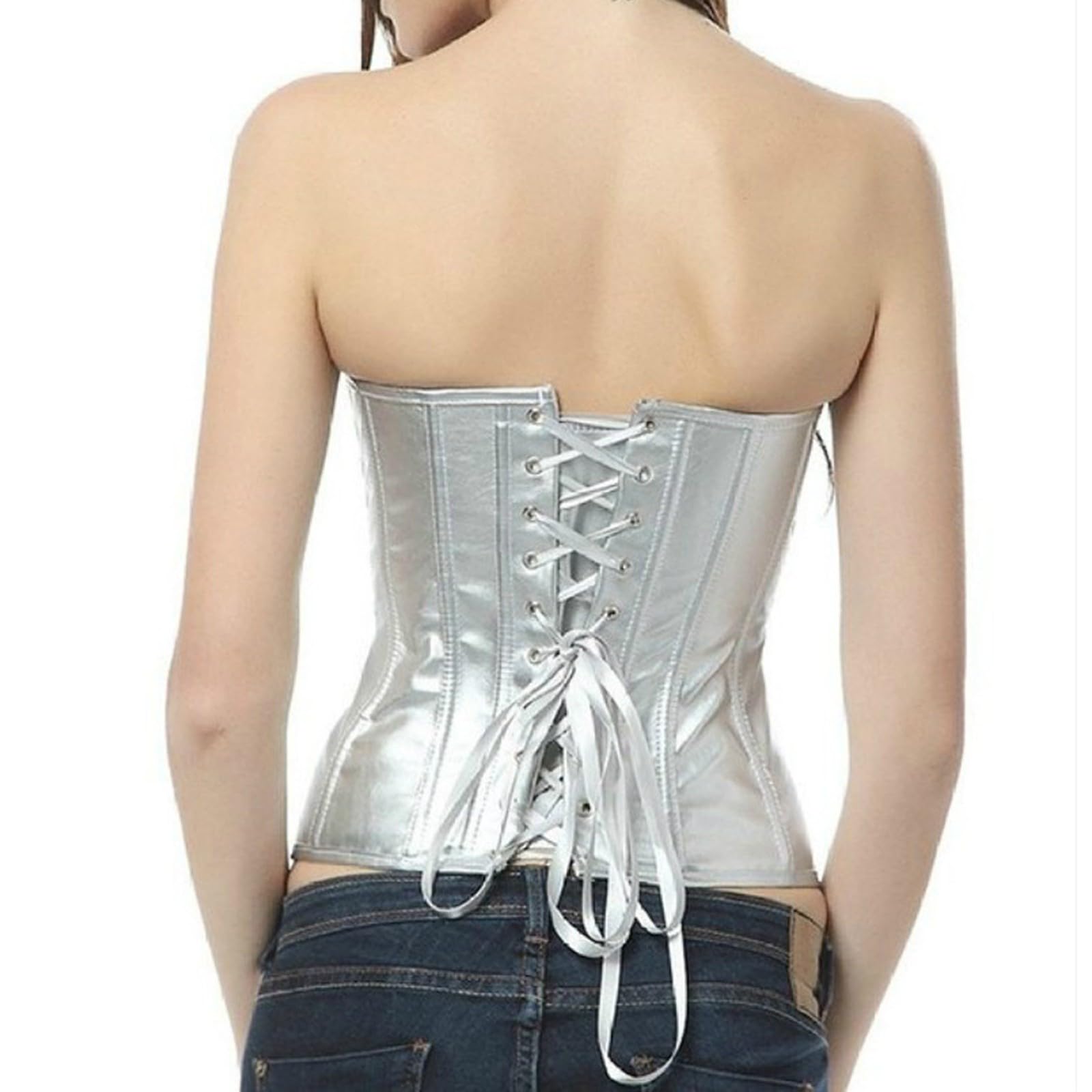 Damen Korsett Metallic Glitzer Ohne Knochen Bustier Bodyshaper Top Tanz Hippie Vorderrohr für Verkleidung Party Kostüm Schulball Karneval Clubwear