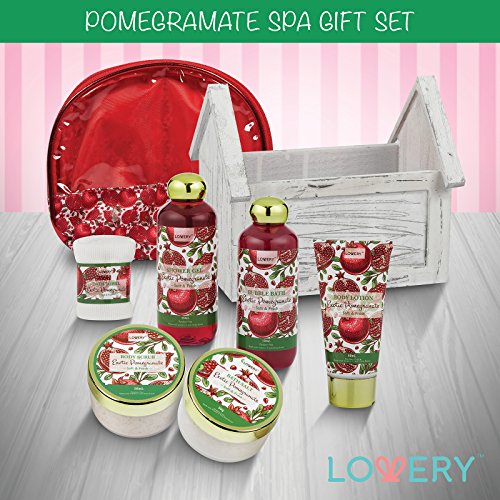 Bath Gifts From Son, Home Spa Gift Basket, 8Pc Bath & Body Set For Women & Men, Exotic Pomegranate Scent, Shower Gel, Bubble Bath, Lotion, Bath Salt, Body Scrub, Towel, Cosmetic Bag & Wood Case #TOP6