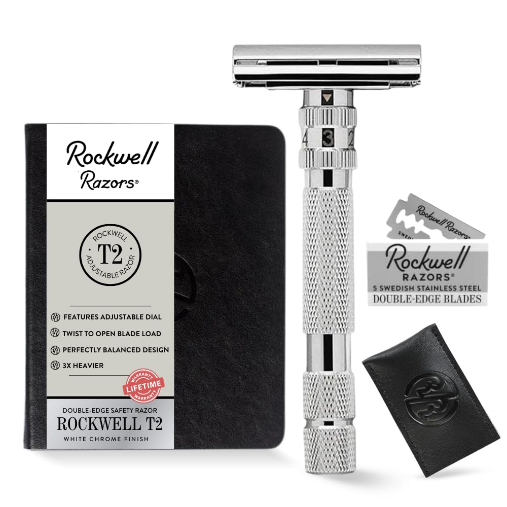 ROCKWELL T2 Adjustable Twist-to-Open Safety Razor for Men & Women | Eco-Friendly & Reusable Shaving Razor | 5 Double Edge Razor Blades made of Pure Swedish Stainless Steel | White Chrome Finish