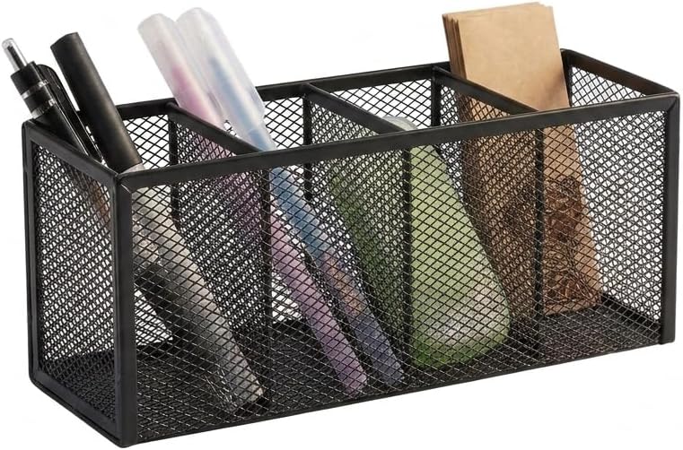 Metal Pen Holder, Pencil Holder 4 Compartments, Mesh Pen Storage Pencil Organizer Cup Makeup Brush Holder for Office Desk Accessories, Black