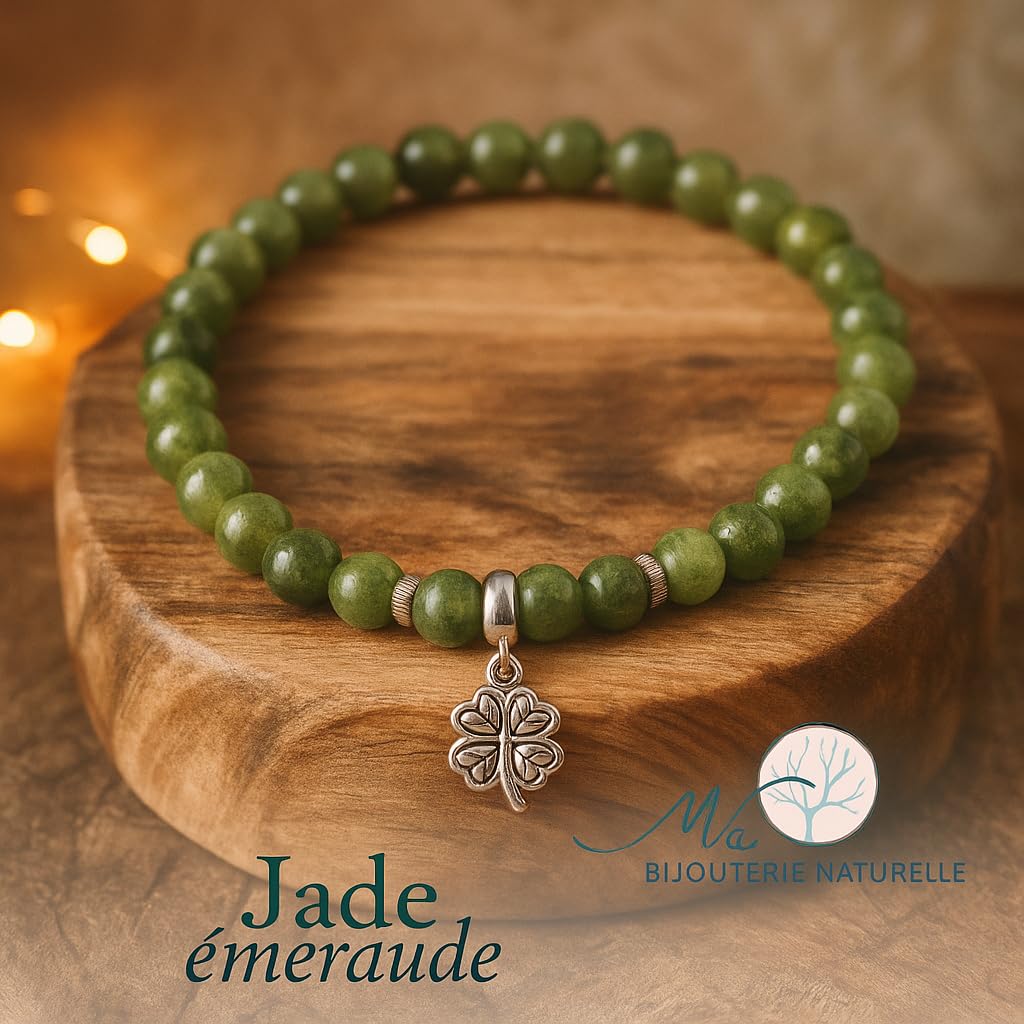 Bracelet Porte Chance Pierres Naturelles Jade Émeraude Qualité AAA Pendentif Trèfle à Quatre Feuilles Acier Inoxydable Argenté Perles Rondes 6 mm