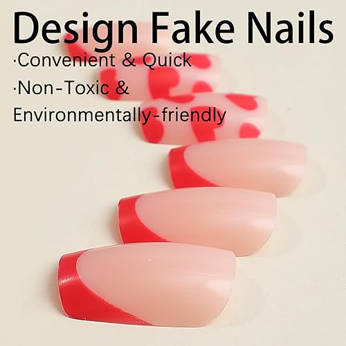 Miniatura 3 de Uñas postizas a presión con punta francesa, uñas postizas cuadradas medianas con diseños del día de San Valentín, corazón amor, cobertura completa,