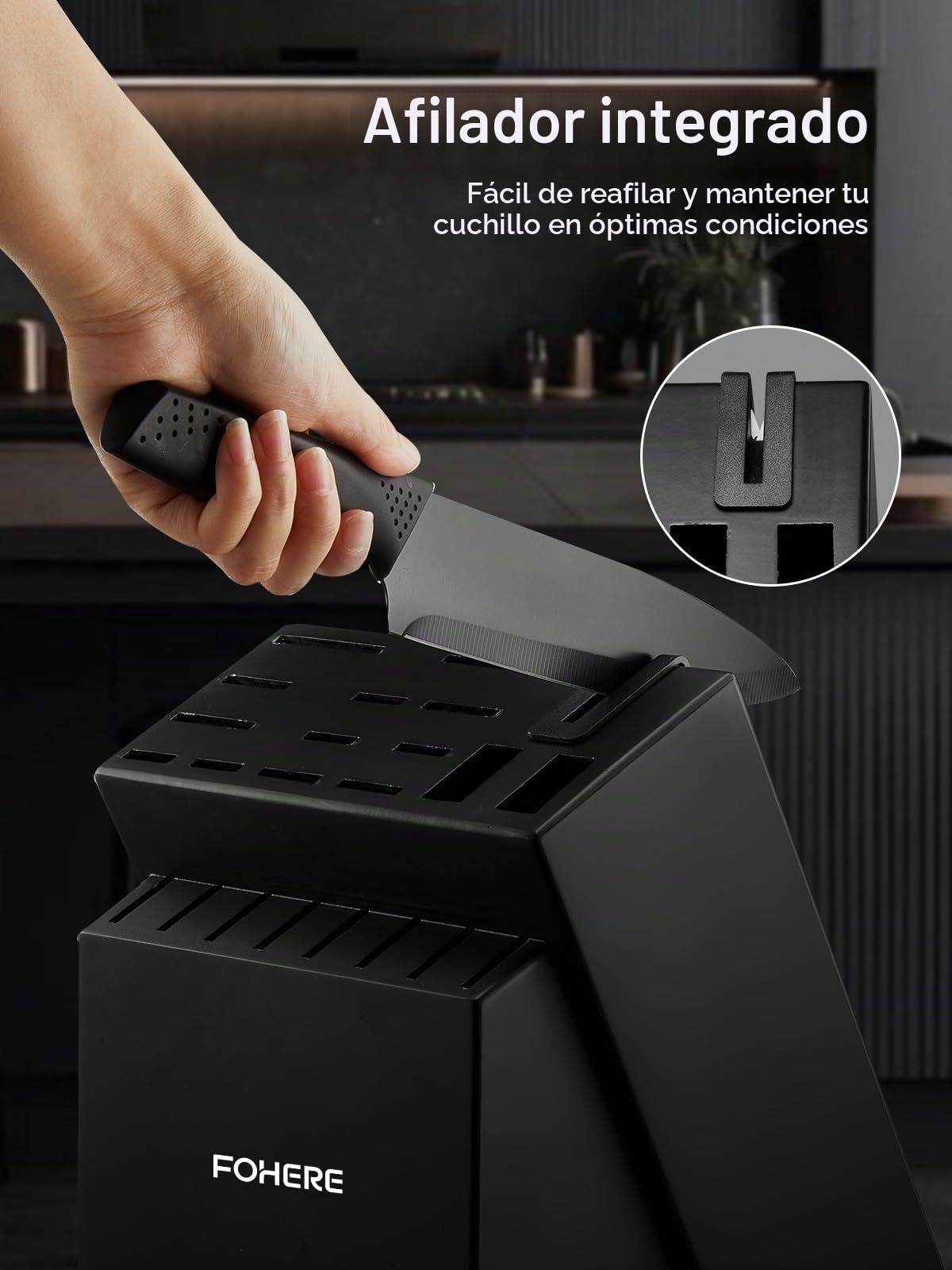 Juego de Cuchillos de Cocina con Bloque FOHERE 23 Piezas Bloque de cuchillos con Afilador Integrado, Cuchillos Cocina con Cuchillo Deshuesador y Cuchillo para queso, Negro