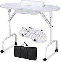 Vista 10 de Yaheetech Mesa de manicura portátil y plegable de 37 pulgadas, estación de trabajo con cajón grande, almohadilla de muñeca para cliente, ruedas