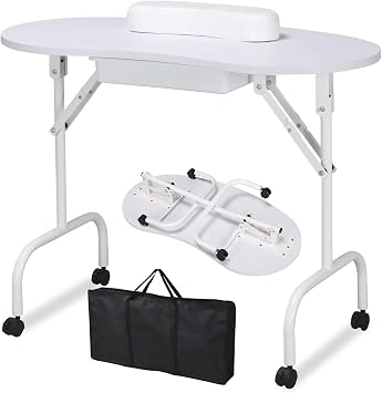 Yaheetech Portable Manicure Table Foldable Nail Desk with Drawer, White