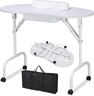Yaheetech 37-inch Portable & Foldable Manicure Table Nail Desk Workstation with Large Drawer/Client Wrist Pad/Controllable Wheels/Carrying Case for Spa Beauty Salon White, 1 Count (Pack of 1)