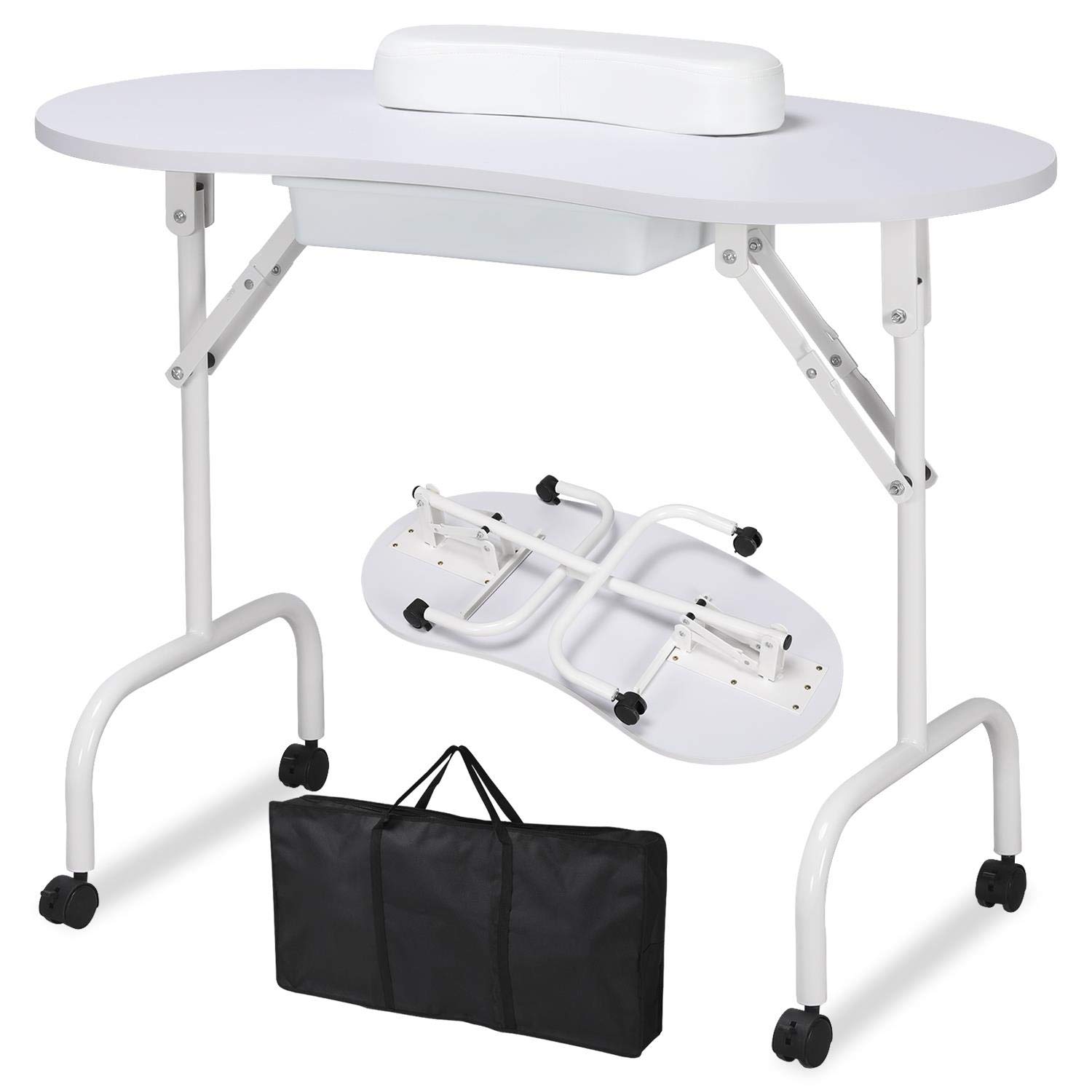 Folding Manicure Table Nail Technician Table Salon Beauty Desk Workstation W/Wrist Cushion Bag White