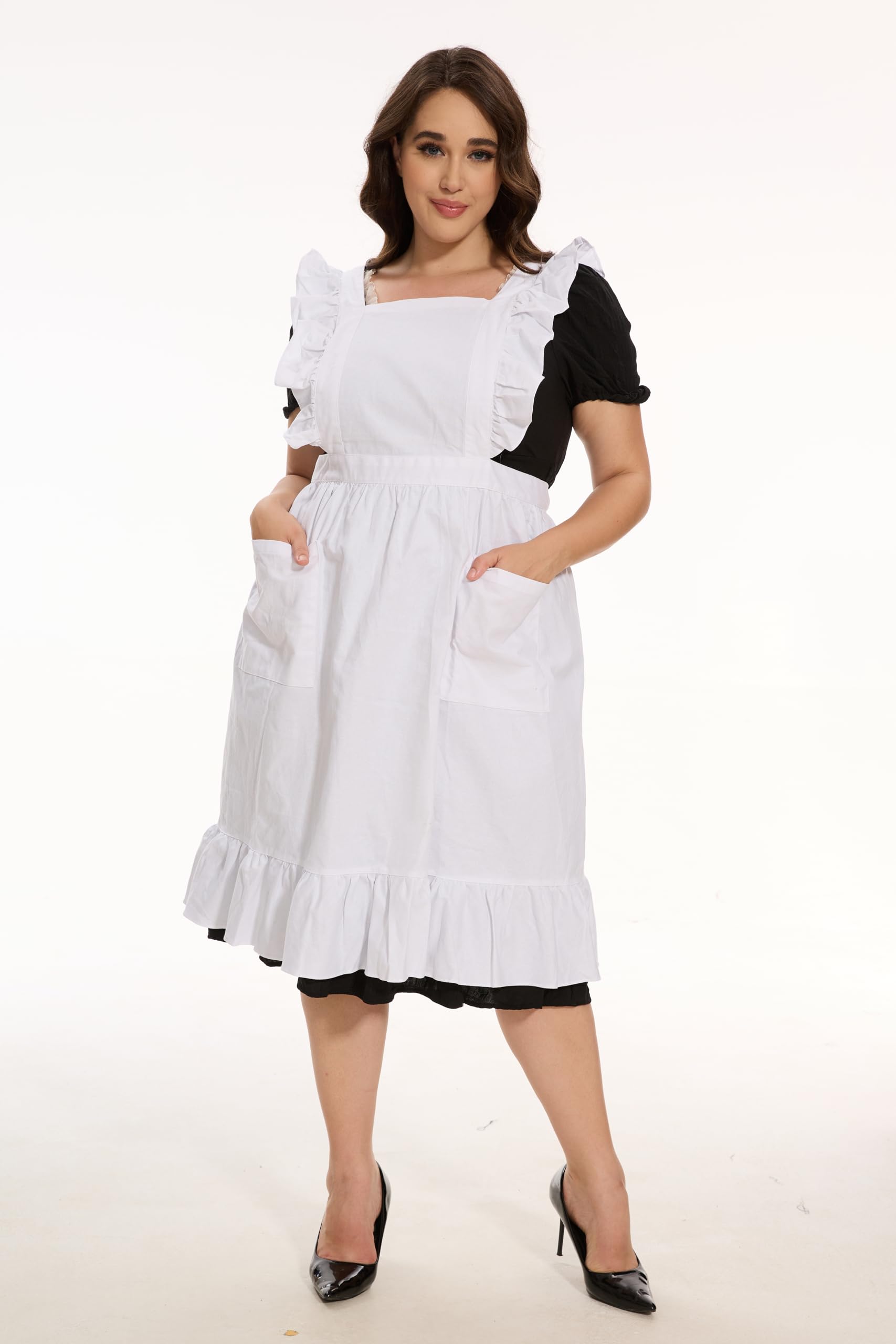 Long Maxi Cotton Ruffle Apron with Pockets, Small to Plus Size Ladies