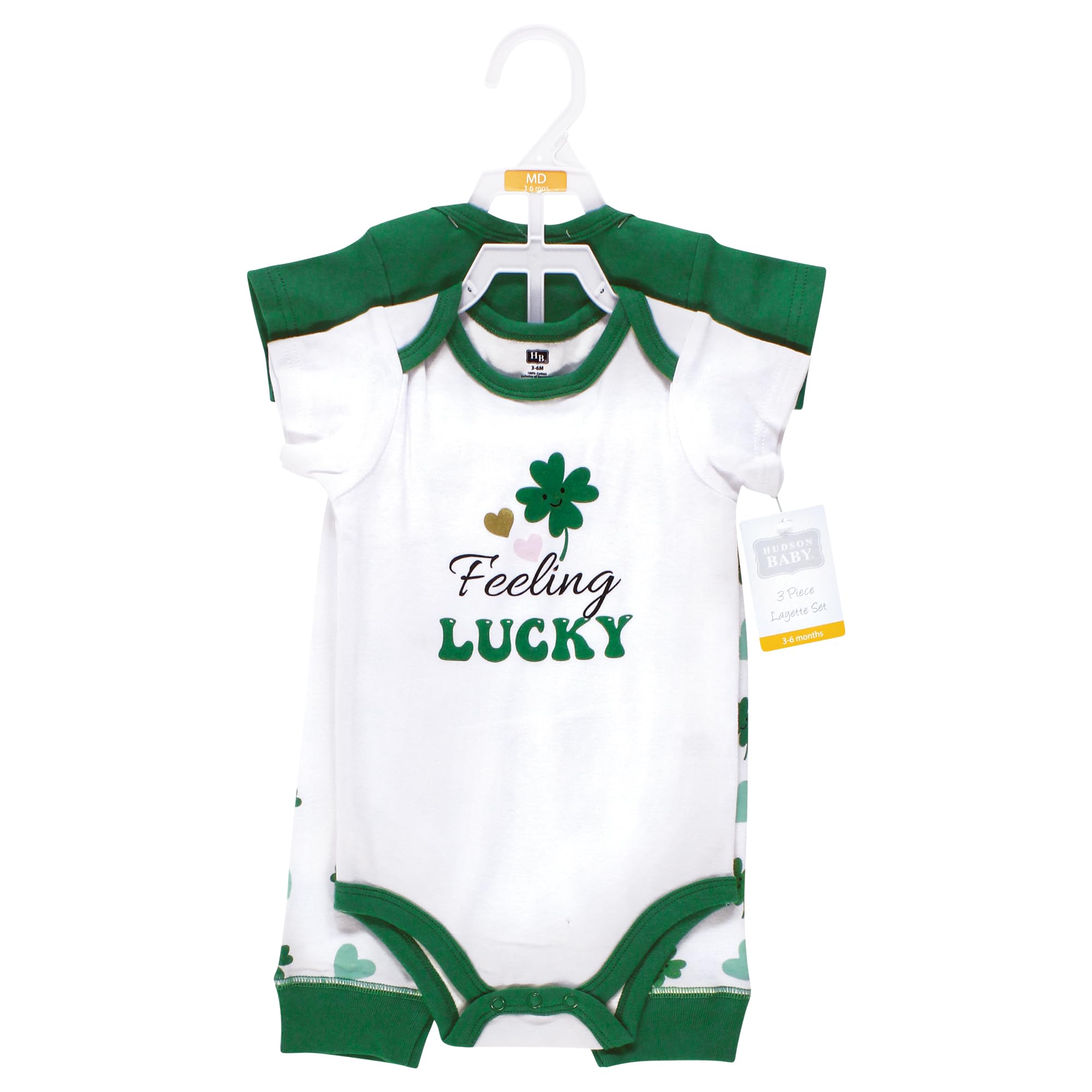 Hudson Baby Infant Girl Cotton Bodysuit and Pant Set, Feeling Lucky, 9-12 Months