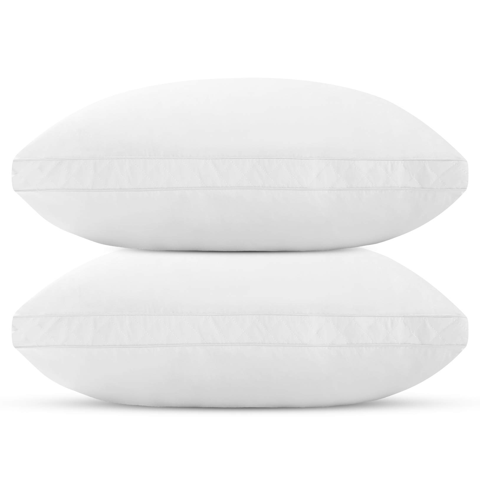 Plush Pillows for Back, Side Sleepers – 2 Pack Standard Set Washable White Quilted Sleeping Pillows with Fiber Fill Gussets, Zipper, Adjustable Loft Height, Soft Cotton Fabric Cover