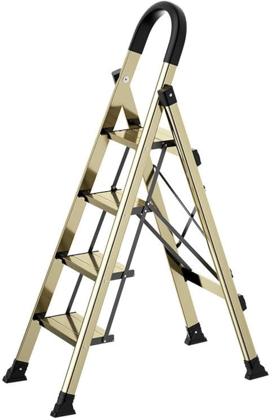Sunrise Step Ladder 4 steps Folding Ladders Aluminum Step Stool Anti-Slip with Lightweight Multi Purpose Portable Home Ladder Household (4 Steps, Champagne Gold)
